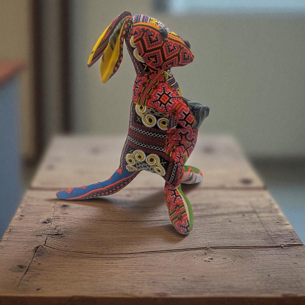 Brocade Handcrafted Multicolor Kangaroo Stuffed Animal With Joey